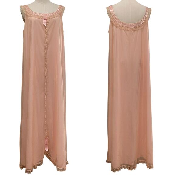 Vintage 60s Odette Barsa Pink Nylon Chiffon Lace & Ribbons Maxi Nightgown Size M - Picture 1 of 10